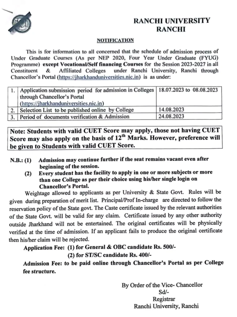ranchi university ug admission notice 2023