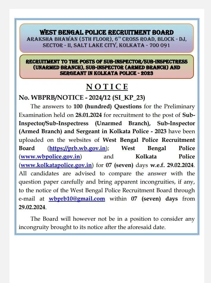 Kolkata Police SI Sergeant Prelims Answer Key 2024 Notice