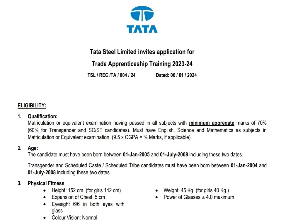 Odisha TATA STEEL Apprentice Notification 2024