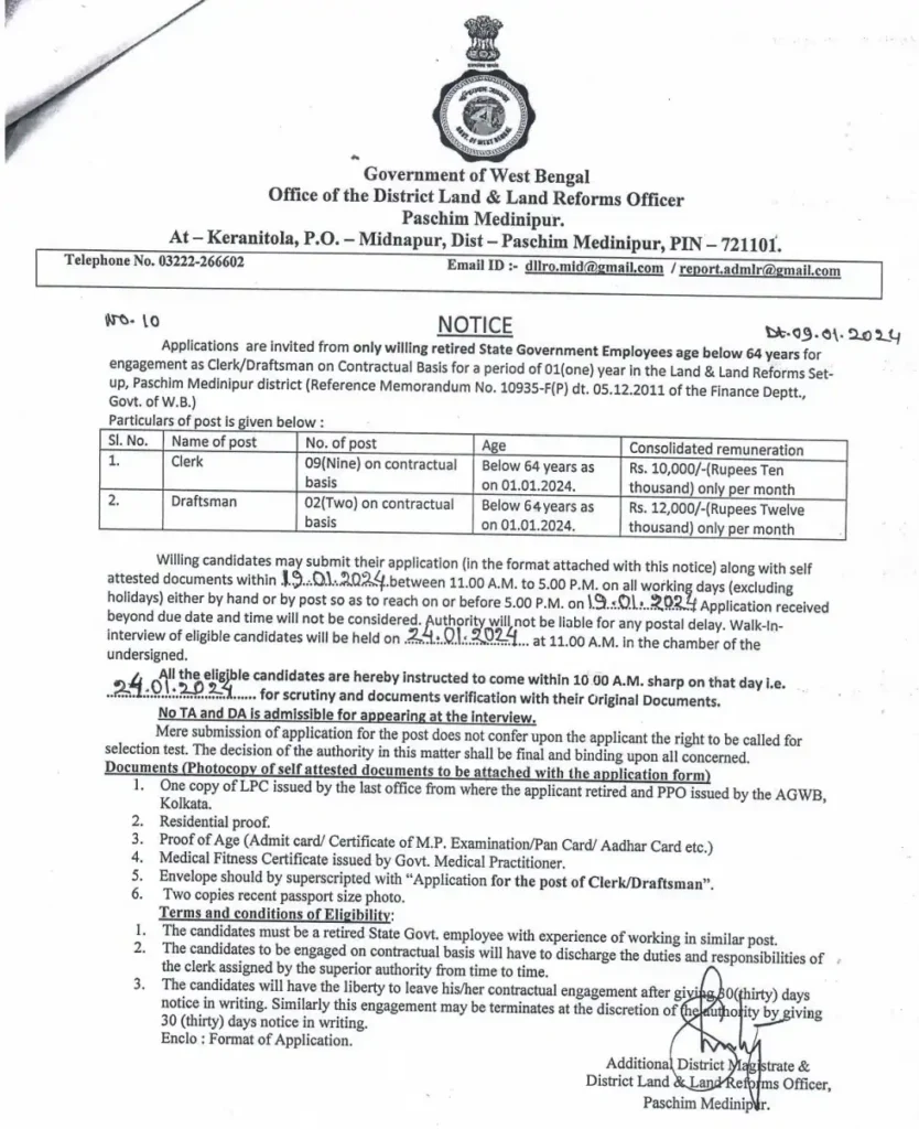 Paschim Medinipur Clerk and Draftsman Recruitment 2024